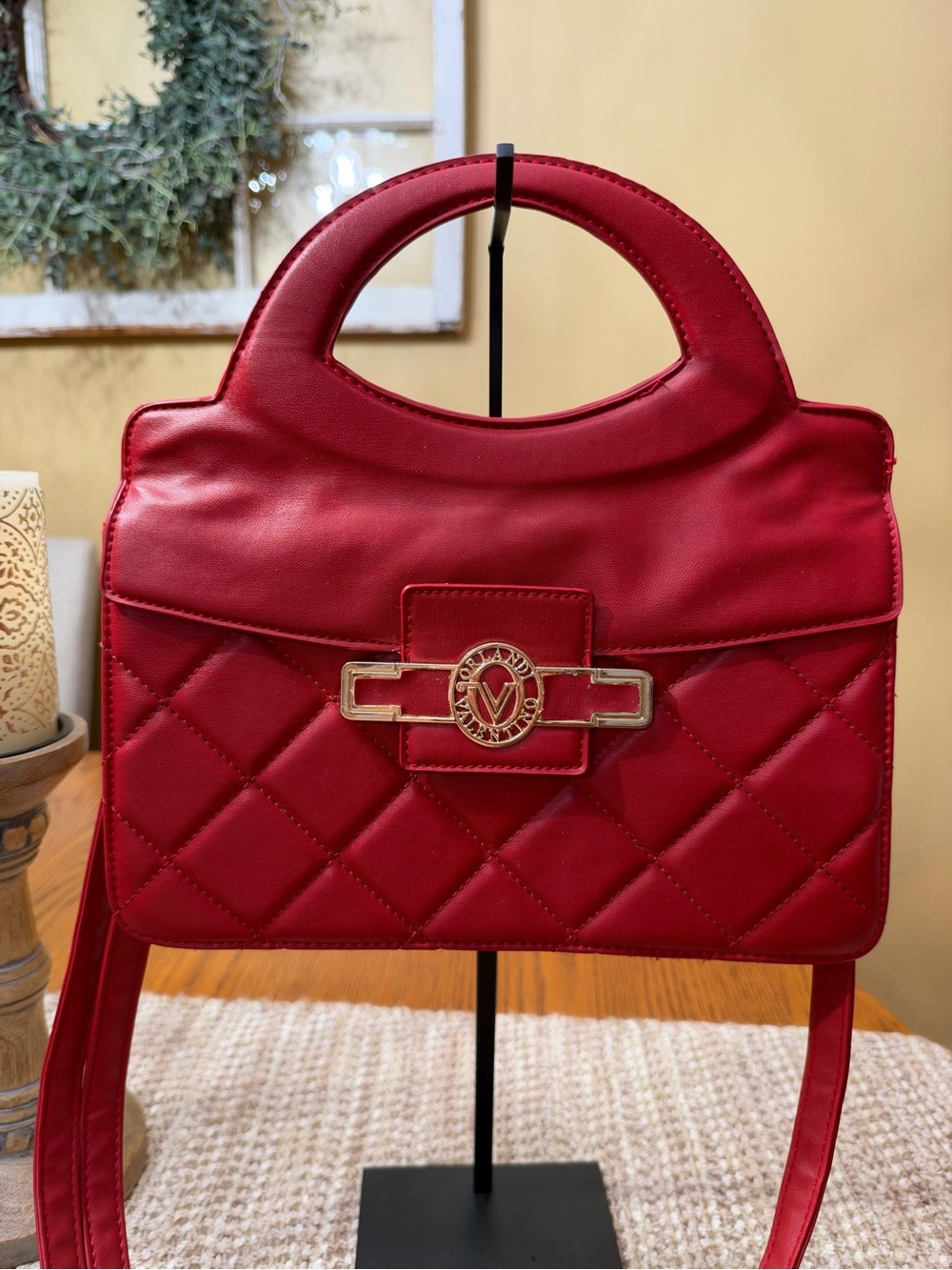 Valentino Red Quilted Satchel with Gold-Tone Emblem